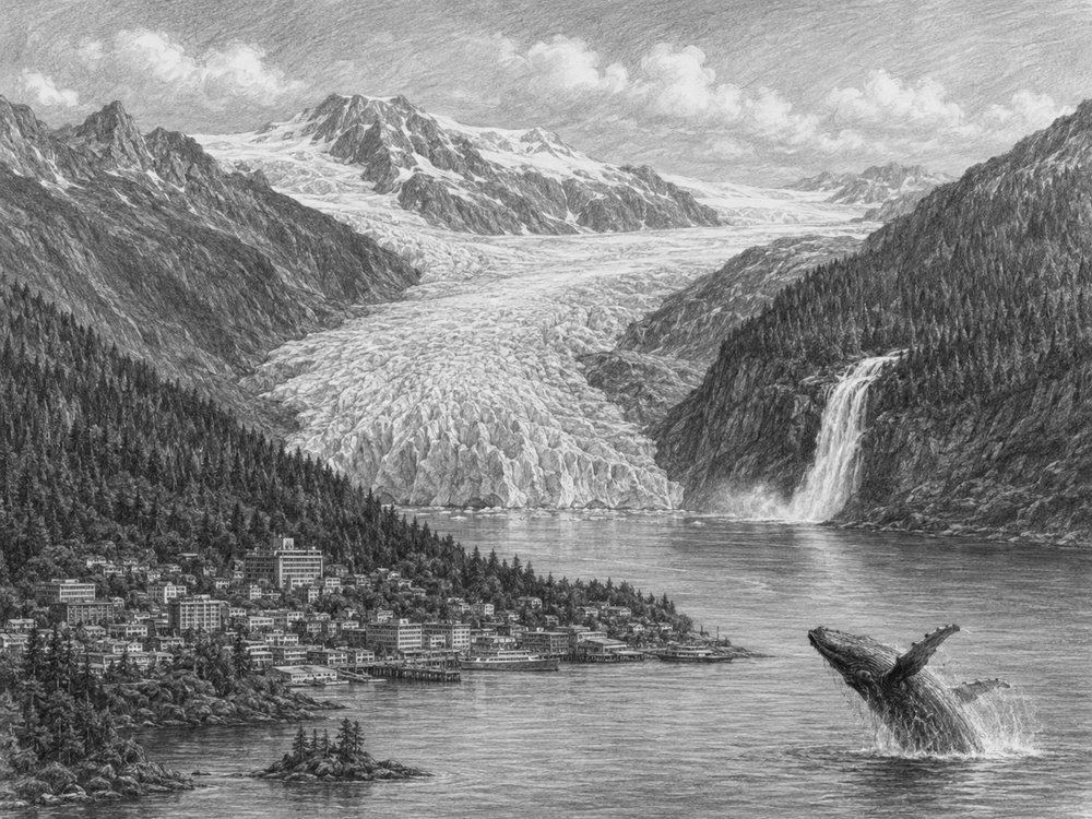 Illustration of Juneau with the Mount Roberts Tramway on a Star Princess Alaska cruise