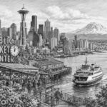 Illustration of the Seattle waterfront and Space Needle before a Norwegian Encore Alaska cruise