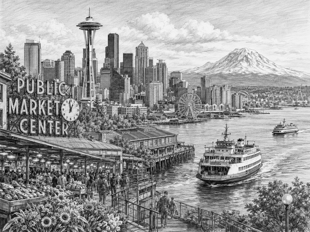 Illustration of the Seattle waterfront and Space Needle before a Norwegian Encore Alaska cruise