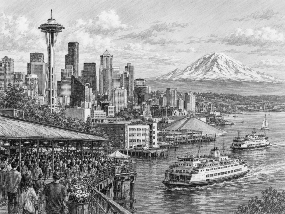 Illustration of the Seattle waterfront and Space Needle before a Celebrity Edge Alaska cruise