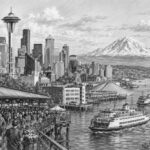 Illustration of the Seattle waterfront and Space Needle before a Star Princess Alaska cruise