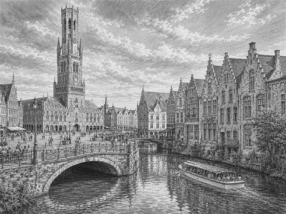 Illustration of the medieval canals and belfry of Bruges, Belgium on a Liberty of the Seas cruise
