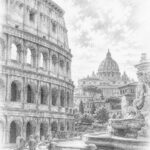 Illustration of Rome with the Colosseum and St. Peter's seen on an MSC World Asia cruise