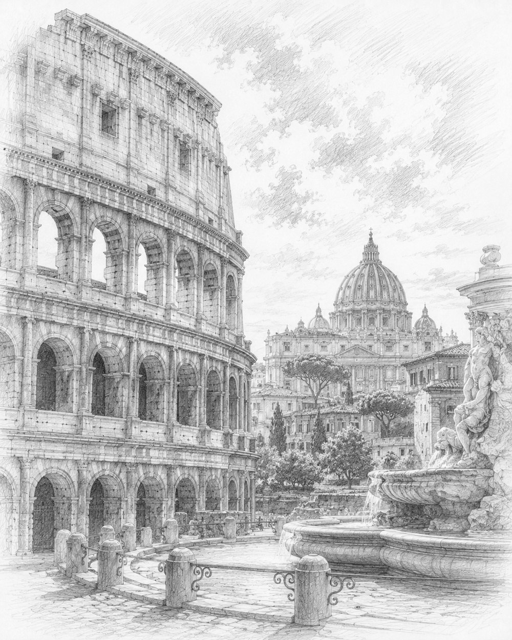 Illustration of Rome with the Colosseum and St. Peter's seen on an MSC World Asia cruise