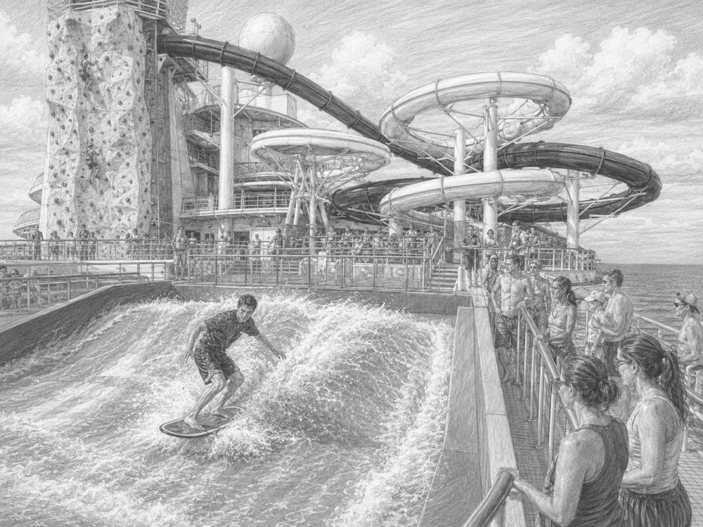 Illustration of the Tidal Wave boomerang slide rising above Liberty of the Seas