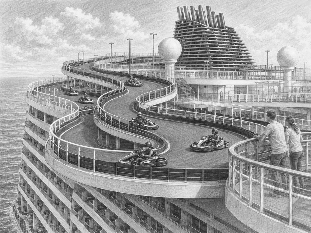 Illustration of the two-level Speedway go-kart racetrack aboard Norwegian Bliss
