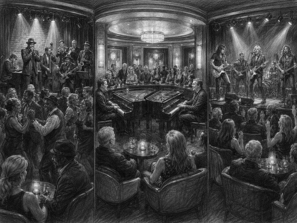 Illustration of the Rolling Stone Rock Room and Music Walk aboard Nieuw Statendam