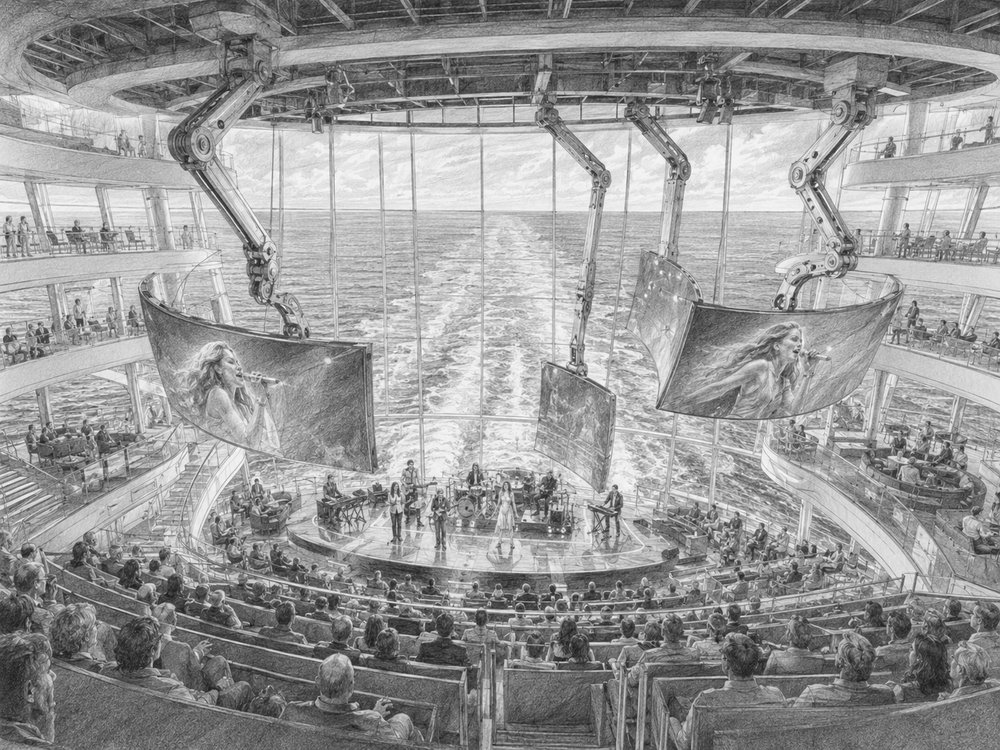 Illustration of the North Star capsule rising above Ovation of the Seas in Alaska