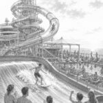 Illustration of the lively pool deck and waterslides on Utopia of the Seas