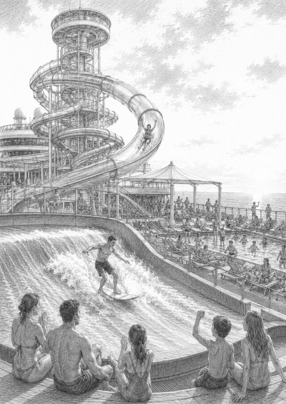 Illustration of the lively pool deck and waterslides on Utopia of the Seas