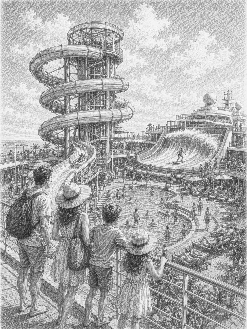 Illustration of the amplified pool deck and waterslides on Allure of the Seas