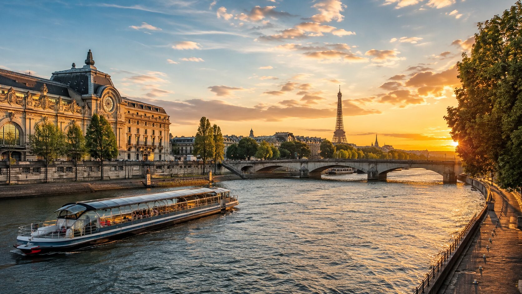 Seine sightseeing boat and Eiffel Tower at golden hour in Paris