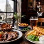 Traditional British dishes served in a London pub