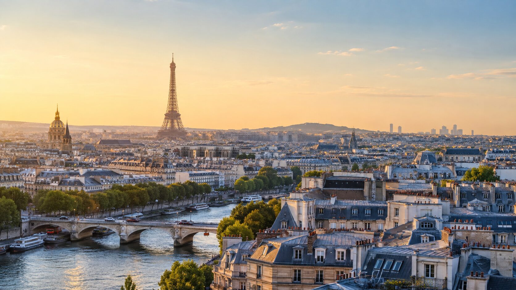Paris skyline with the Eiffel Tower and Seine at sunrise